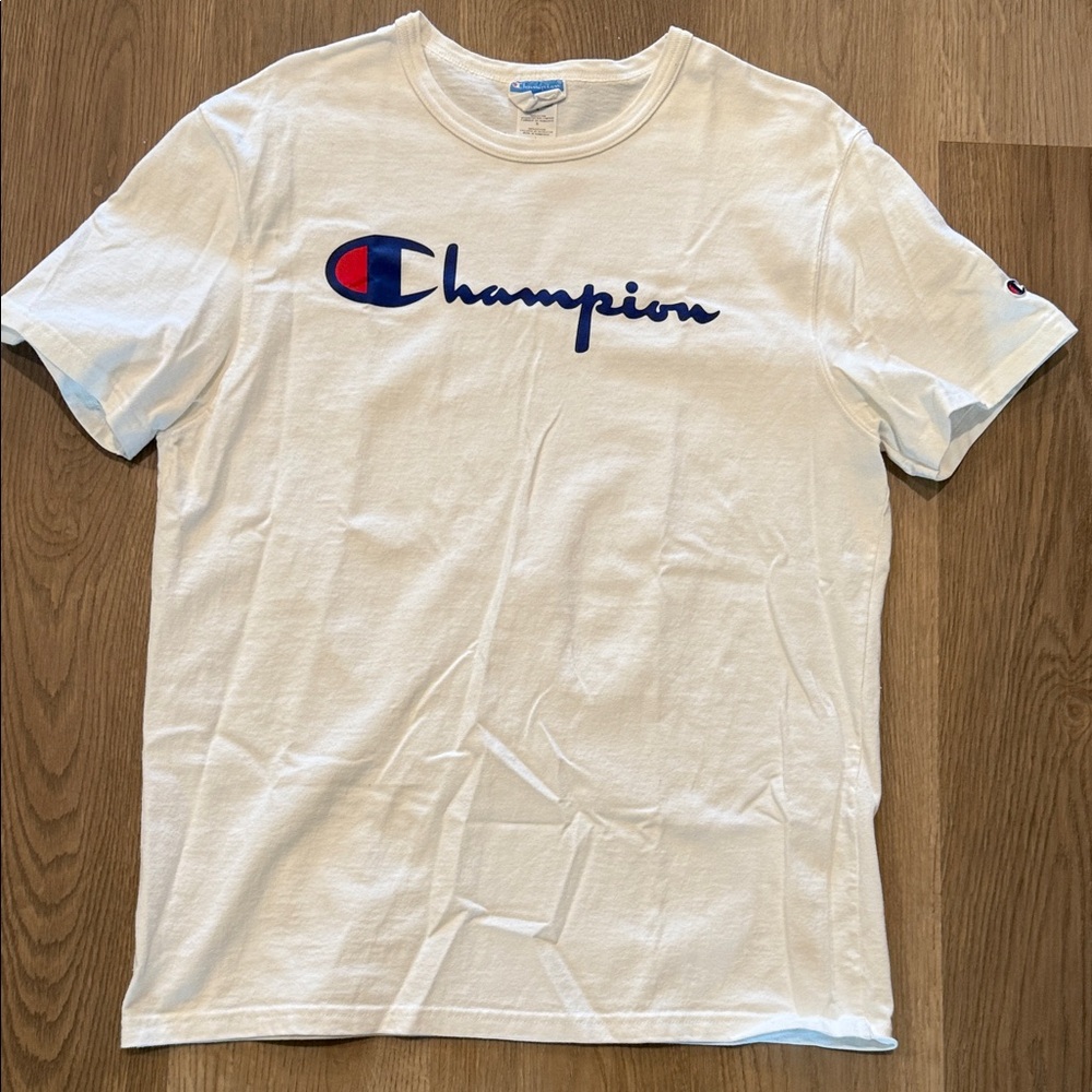 Champion Men's White Tee with Blue and Red Logo
